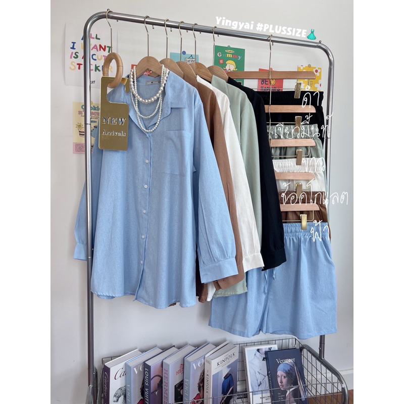 ชุดเซ็ต 2ชิ้น เสื้อเชิ้ตแขนยาว+กางเกงขาสั้นเอวสม็อค ไซส์ใหญ่ สาวอวบ YY