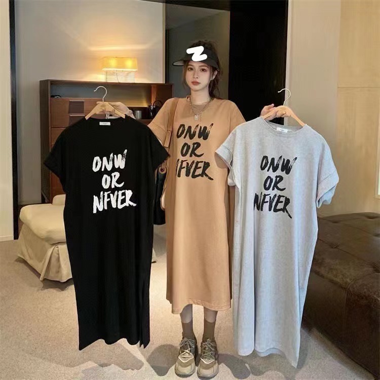 ชุดเดรสแฟชั่น เดรสยาว คอกลม แขนสั้น พิมพ์ลาย ทรงหลวม ใส่สบายรุ่นA777