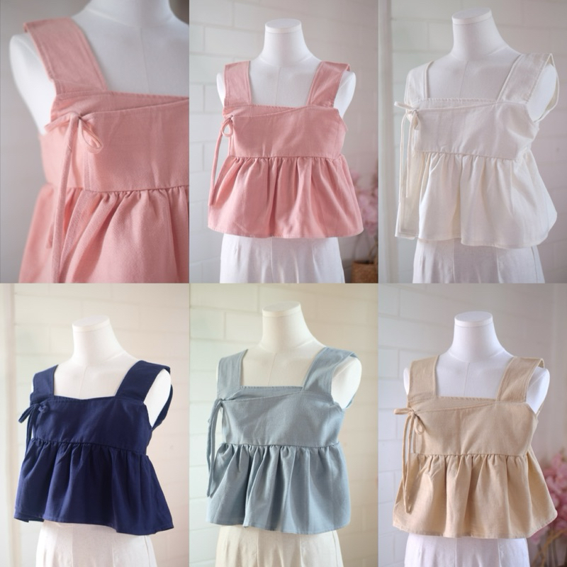 เสื้อผ้าฝ้ายครอปกล้าม ระบายผูกโบว์ มินิมอล