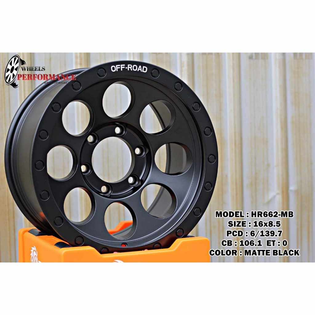 ล้อแม็กขอบ16  หยดน้ำ (4หรือ1วง) ลูกโม้ 16x8.5 6รู PCD 139.7  ET:0 CB106.1  สีดำทั้งวง PERFORMANCE รุ