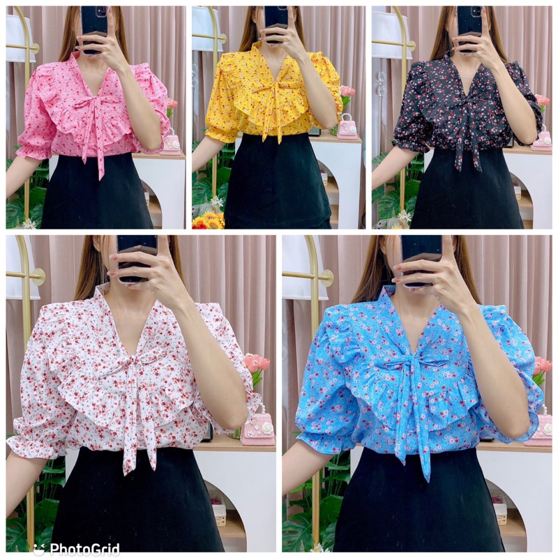 เสื้อลายดอกเล็กแฟชั่นผูกโบว์หน้าระบายอก 40 ยาว 23 นิ้ว