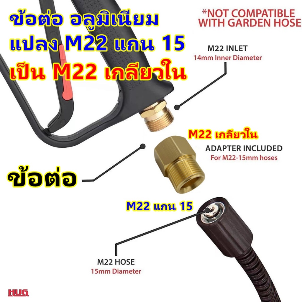 ข้อต่อ อลูมิเนียม/ทองเหลือง ต่อ สายฉีดน้ำ แปลง จากสาย M22 แกน 15 เป็นเกลียวใน M22  ตัวต่อสายฉีดน้ำ ตัวแปลง ปืนฉีดน้ำ hug