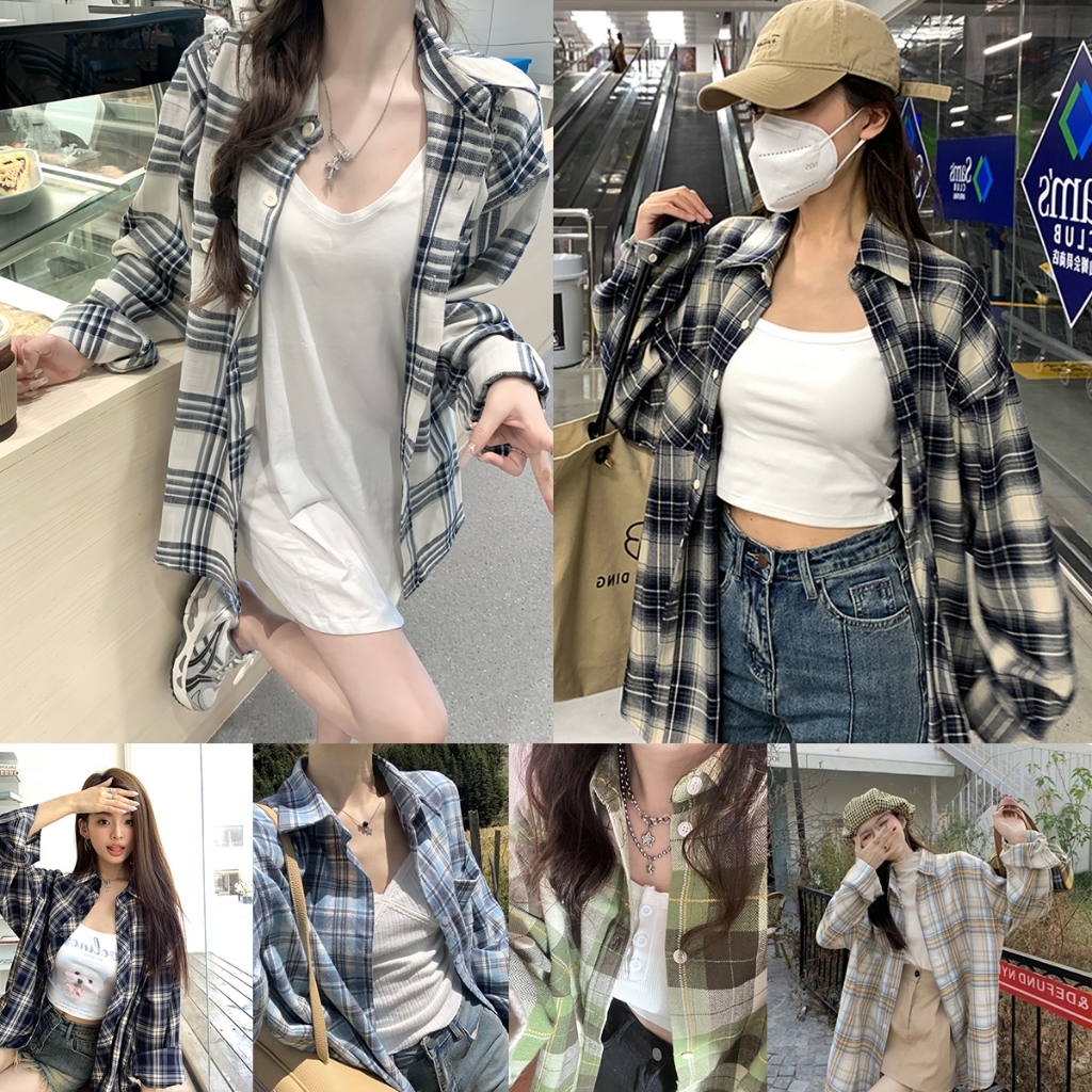 MIMI&DIDI#เสื้อเชิ้ตลาแขนยาวยสก๊อตลำลอง เสื้อแฟชั่นผู้หญิง ทรงหลวม สไตล์เกาหลี ครีมกันแดดเนื้อบางเบาในฤดูร้อน#5539