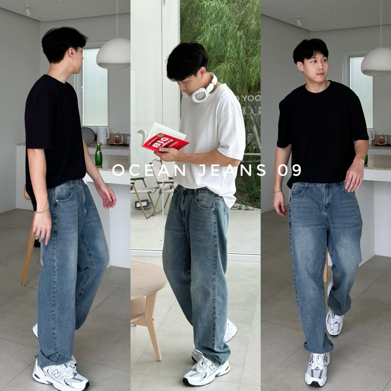 09 Ocean jeans “พร้อมส่ง“ กางเกงยีนส์ผู้ชายทรงขากระบอกกลาง ผ้ายีนส์นิ่ม สีเข้มสวยแต่งลายเฟด ใส่สบาย
