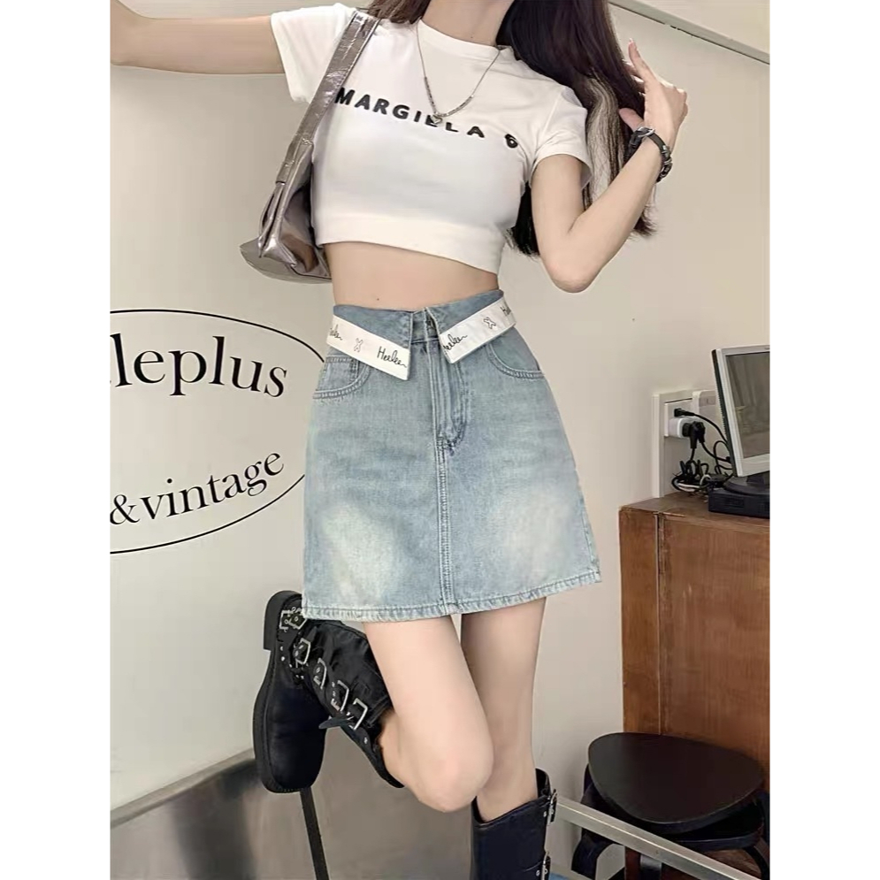 กระโปรงยีนส์ผู้หญิงฤดูร้อนเอวสูงกระชับสัดส่วนกระโปรงทรงเอ ทรงสวยใส่สบาย