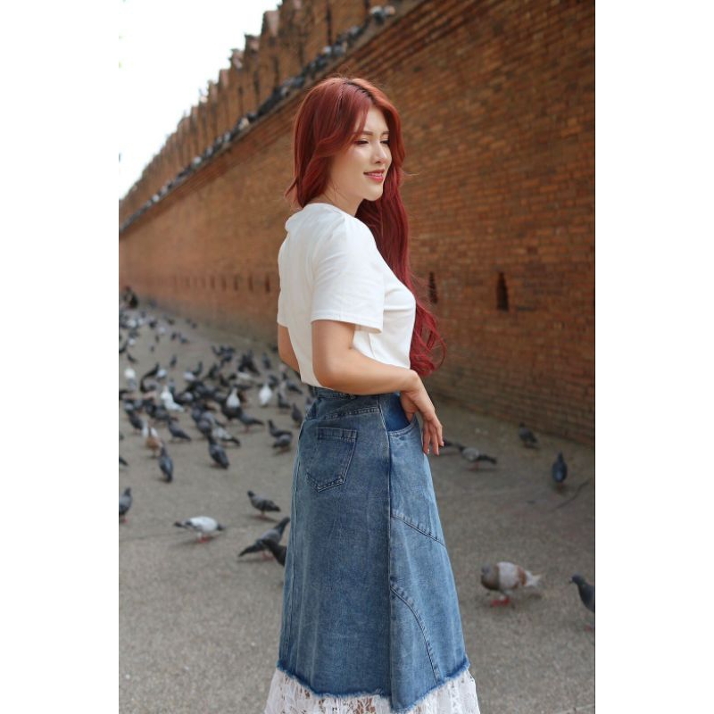 ชุดเซ็ตสวยเก๋ มี3สี!!! M-4XL Set2ชิ้น เสื้อยืดแขนสั้น+กระโปรงยีนส์ชายลูกไม้ งานป้าย DNY - รูปที่ 4