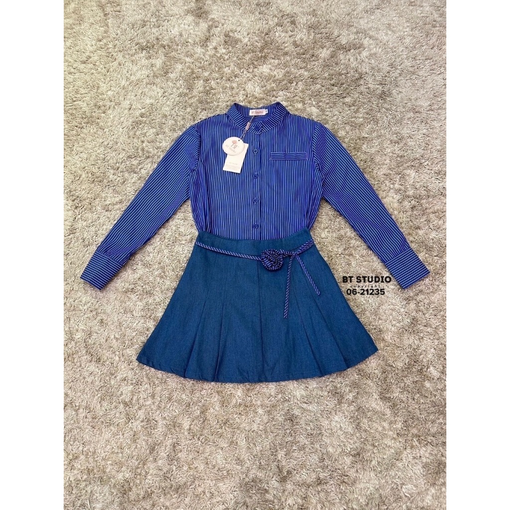 06-21235 เสื้อเชิ้นลายริ้วกระโปรงยีนส์ดอกไม้