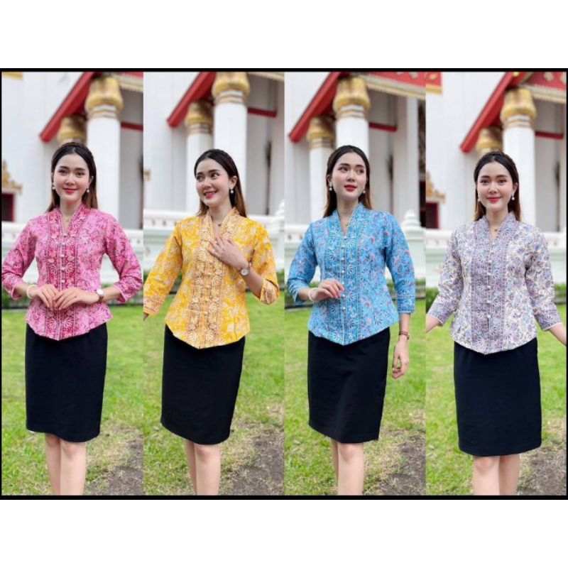 เสื้อผ้าไทยผู้หญิงปาเต๊ะรุ่นคอปีนวียะหยาแขน5ส่วนอัดกาวทั้งตัว