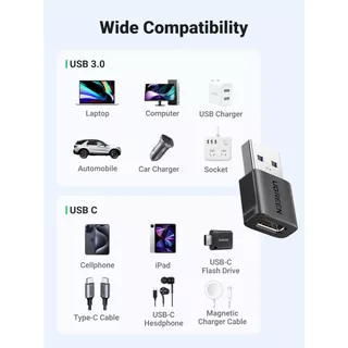 Ugreen อะแดปเตอร์ USB เป็น USB C 10Gbps (แพ็ค 2 ชิ้น), USB 3.0 สำหรับชาร์จและซิงค์ สีดำ รุ่น US701