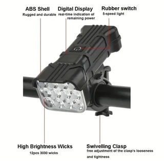 RoxArt ไฟจักรยาน จักรยานกันน้ํา สําหรับจักรยานเสือภูเขาจักรยาน12LED การชาร์จ USB ไฟแตร 5โหมด 1200mAh