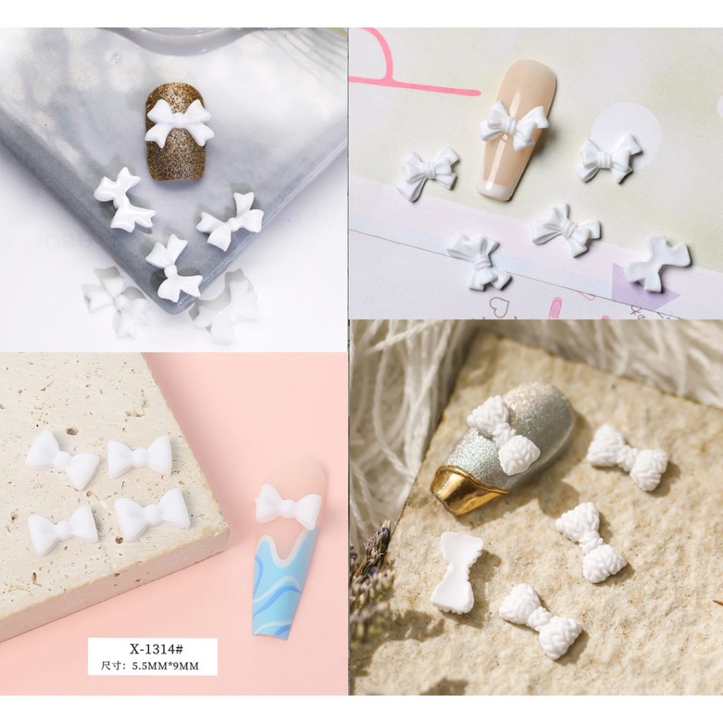 C3.โบว์ตกแต่งเล็บสีขาวราคาถูก บรรจุถุงละ 20 ตัวต่อแบบ