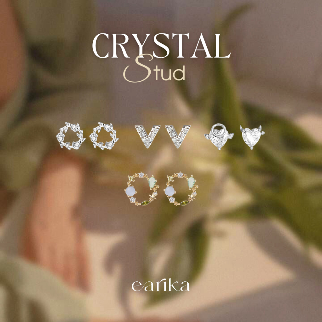 earika.earrings - crystal stud collection รวมต่างหูแป้นคริสตัลก้านเงินแท้ชุบทองคำขาวผิวแพ้ง่ายใส่ได้