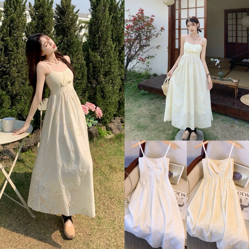 เดรสไหมพรม เดรสสายเดี่ยวยาว ผ้าฉลุลายลูกไม้(ยาว42)