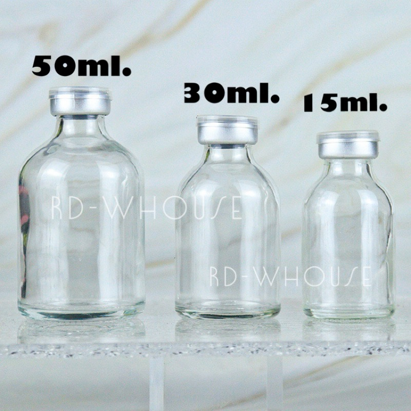 ขวดแก้ว ขวดแก้วใส+ฝาครอบ+จุกยาง (1ชุด) มีขนาดให้เลือก 15ml. 30ml. 50ml. 100ml.