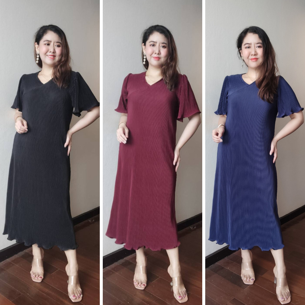 ชุดเดรสอัดพลีท เดรสคอวี ใส่แล้วดูผอมพลางหุ่น สาวอวบ คุณแม่ตั้งครรภ์ใส่ได้(271)