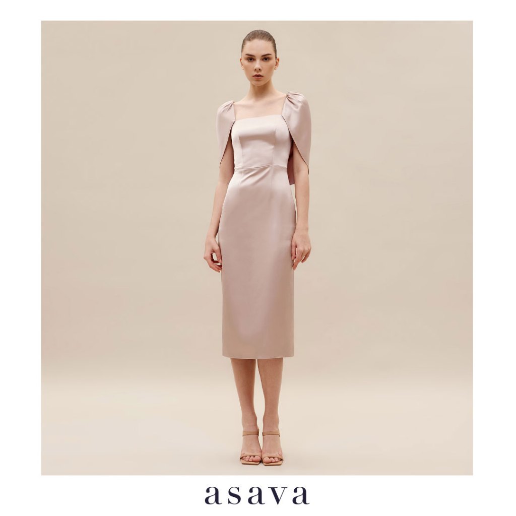 [asava ss24] Tatiana Cape-sleeve Dress เดรสผู้หญิง แขนเคป คอเหลี่ยม แขนสั้น แต่งดีเทลหลังถ่วง ผ่าหลัง ซิปหลัง