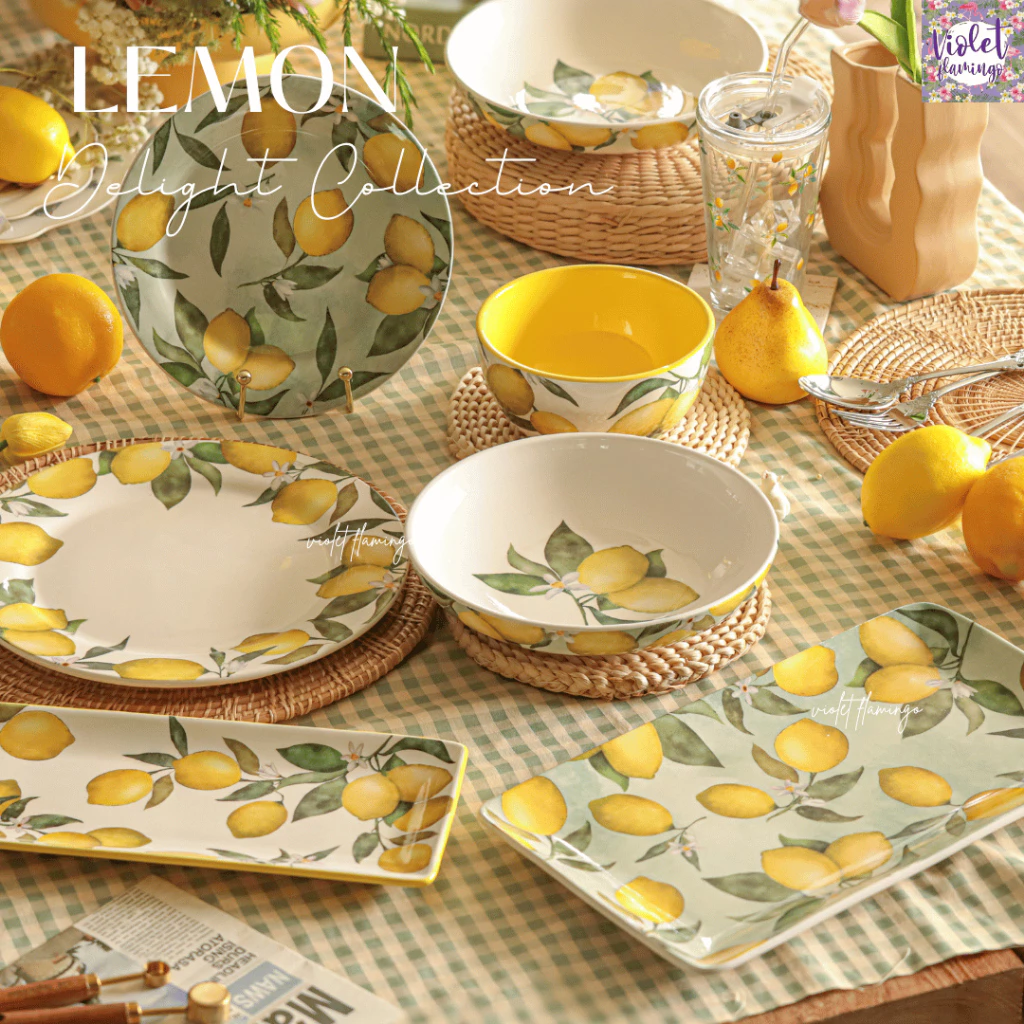 Violet Flamingo เซ็ตจานชามเซรามิค รุ่น Lemon Delight จานชามลายลูกเลมอนแสนน่ารัก เข้าไมโครเวฟได้