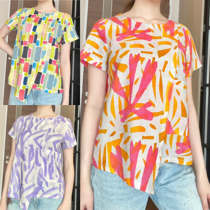 A2เสื้อขอกลมแขนสั้นผ้าลินินพิมพ์ลายเนื้อนิ่มอย่างดี