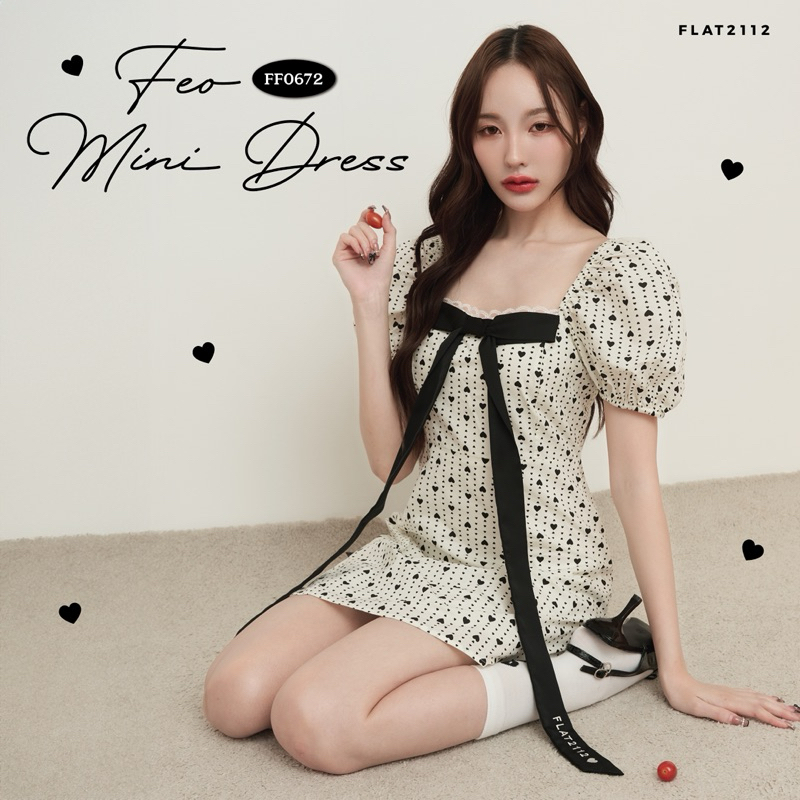 FLAT2112 FF0672 : FEO MINI DRESS มินิเดรส คอกว้าง พิมพ์ลายหัวใจ