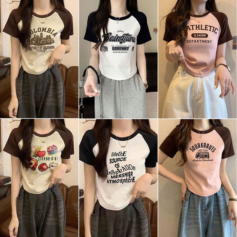 เสื้อครอปสาวอวบน่ารัก สีทูโทน เสื้อผ้าแฟชั่นฤดูร้อนใหม่ สไตล์เกาหลี เสื้อยืดรัดรูปสวยๆผู้หญิงที่กําลังฮิต