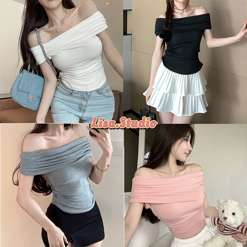 Lisa🌈พร้อมส่ง🦄เสื้อยืดแขนสั้นเปิดไหล่เซ็กซี่ผู้หญิง ✨ เสื้อครอปปาดไหล่ สีพื้น ทรงลูกคุณหนู เรียบหรูน่ารัก สาวอวบใส่ได้