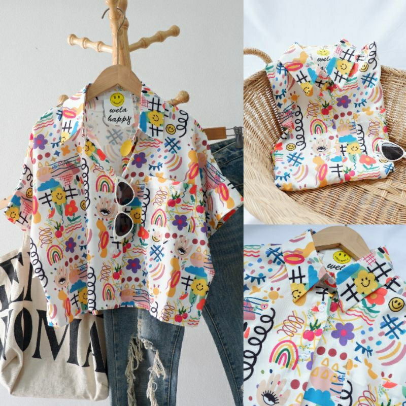 เสื้อครอปเชิ๊ตแขนสั้น oversize สกรีนลายน่ารักๆ