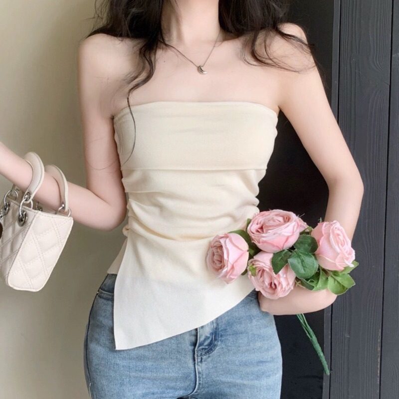 Sakura.official 538/P#เสื้อเเฟชั่นเกาะอกดิเทวลายเฉียง#เสื้อไหมใหมพรมจับจีบย่นช่วงเอว(Size mini)