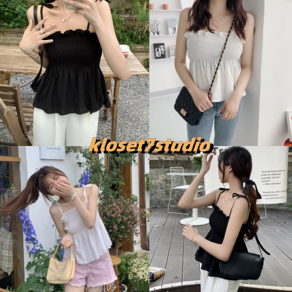 สายเดี่ ผูกโบว์ เสื้อสายเดี่ยว เสื้อสายเดี่ยวสายสม็อค แต่งขอบบัว ดีเทลสม็อครอบตัว ใส่สบาย DD913