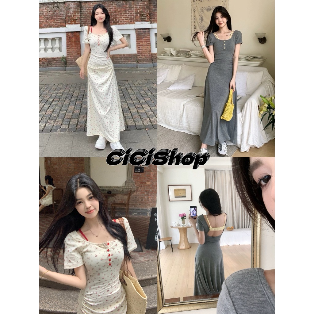Cicishop(1192) เดรสยาว เข้าเอวผ้าทิ้งตัว แต่งสายปรับได้ กระดุมจริง โชว์หลังสายคาด เซ็กซี่เบาๆ