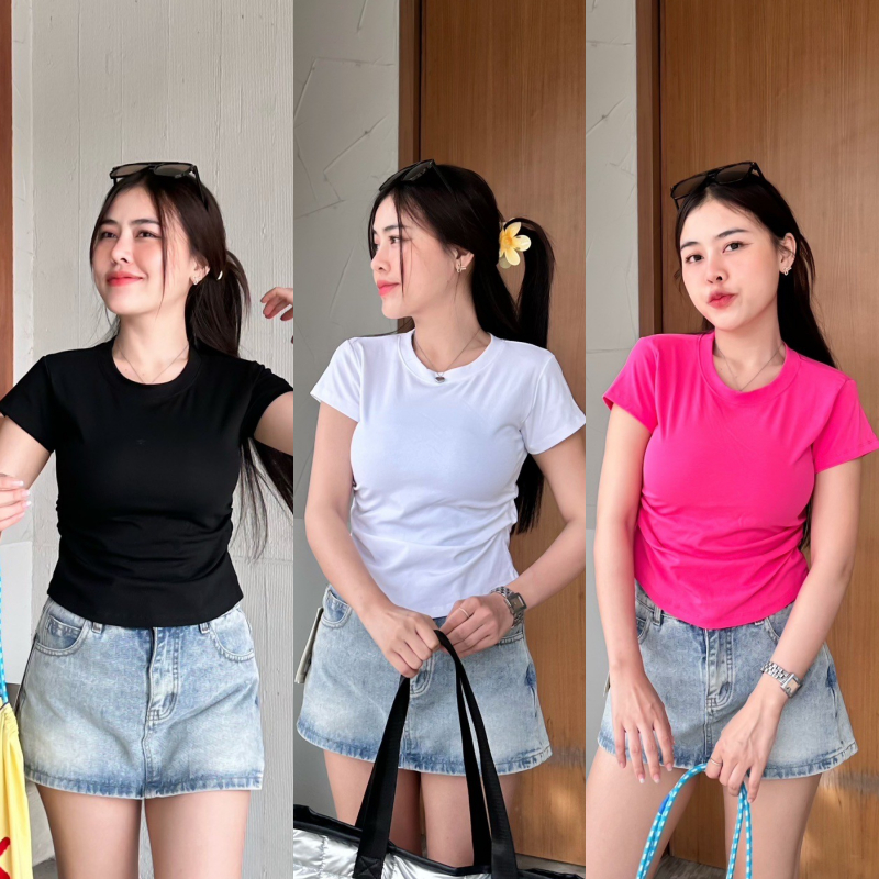 เสื้อยืดรัดรูป ผ้ายืดยูนิโคล่ ทรง BABYTEE 🌺 ทรงคอกลมแขนสั้น เสื้อเข้ารูป เบสิคสไตล์สุด รุ่น เทมปุระ