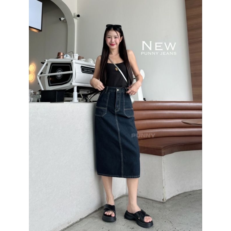 punny jeans กระโปรงยีนส์ผ่าหน้ายีนส์ไม่ยืด แพทเทรินเป๊ะเอวสูงเก็บพุงสะโพกดีมาก
