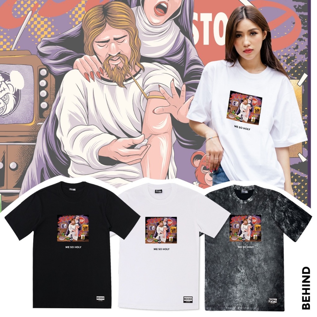 BEHIND เสื้อยืด “ ME SO HOLY “ แขนสั้น แนวสตรีท Oversize เสื้อยืดชาย หญิง
