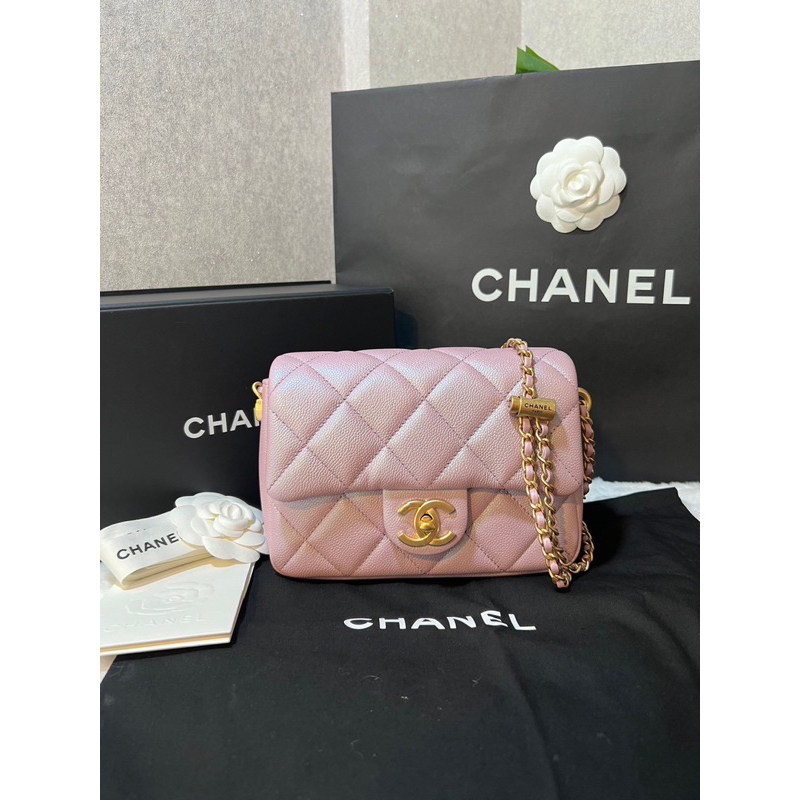 New Chanel  Mini Flap Bag Grained Calfskin สีชมพู 8 “