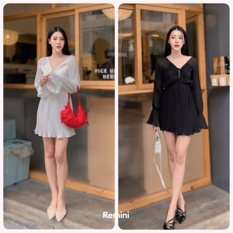 Minidress อัดพลีสแขนยาวแต่งปลายแขน