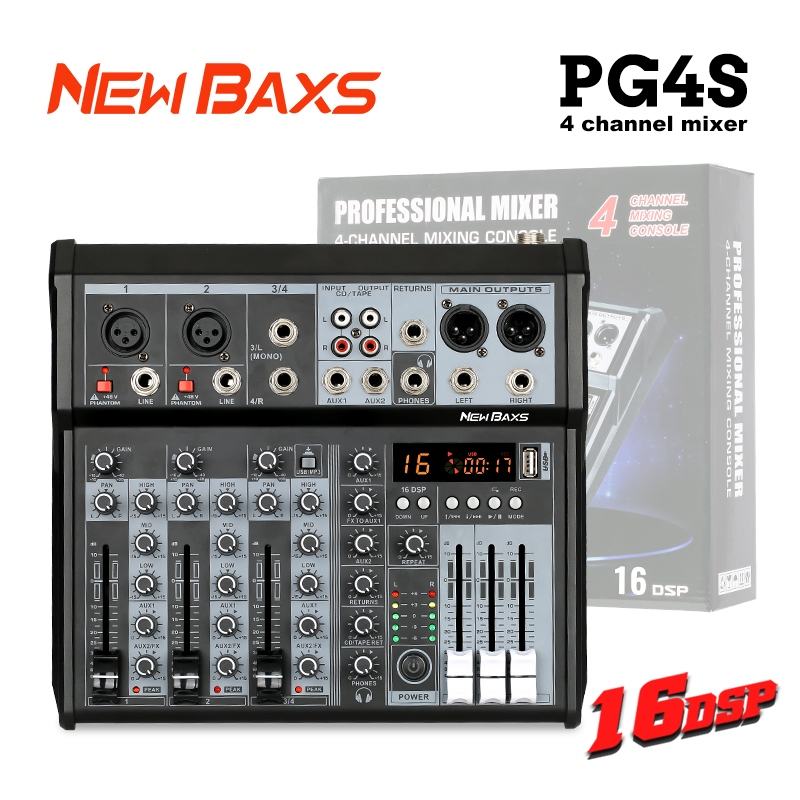 Newbaxs PG4S Professional 4-Channel Audio Mixer,แหล่งจ่ายไฟ 5 V ในตัว 16DSP Effects Bluetooth/USB/MP