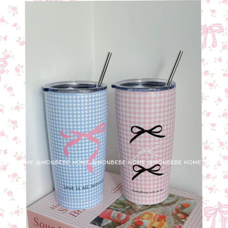 พร้อมส่ง แก้วเก็บความเย็น แก้วเก็บอุณหภูมิ สไตล์บัลเล่ต์🩰โบว์ มีหลอด ไม่น้ำรั่ว ขนาด600ml
