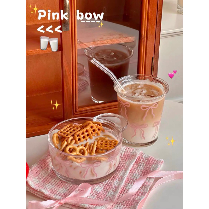 แก้วกาแฟ แก้วน้ำ ลายโบว์สีชมพู สำหรับร้านกาแฟ พร้อมส่ง