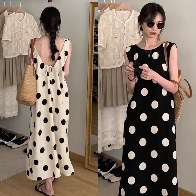 Mega dot dress เดรสยาวแขนกุด สายคาเฟ่ต้องไม่พลาด สาวอวบได้ไหม ได้คลุมท้องได้