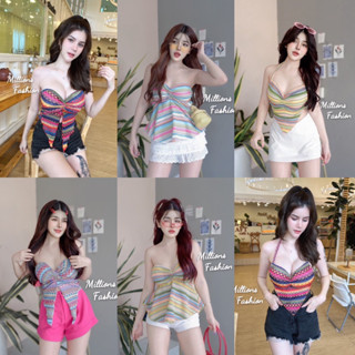 ✨Kaidee99✨ เสื้อครอป ผูกคอ เกาะอก ผ้าถักทอ เสริมฟองน้ำ รอบอก…