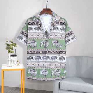 1099#เสื้อฮาวาย Hawaii พิมพ์ลาย ช้างมะลิ แนววินเทจ ทรงหลวม ใส่สบาย