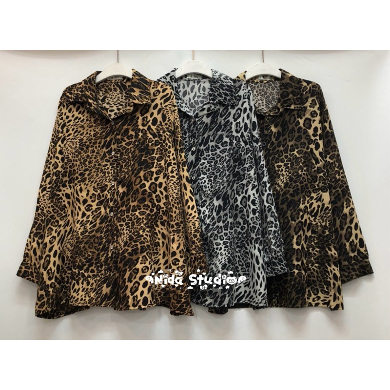 เสื้อเชิ้ตแขนยาว ทรง oversize ผ้าไหมอิตาลีลายเสือ กระดุมหน้า ไซส์ใหญ่ ใส่สบาย🤎🐯