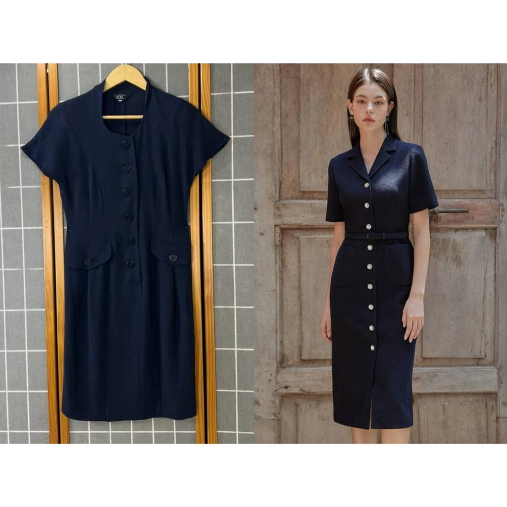 (C089) Voir เดรส ไซส์ 9AR หรือ M เดรสทรงสุภาพใส่ไปทำงานทรงสวยมีที่รองกว่าสภาพดีกระดุมหน้าอก 37 เอว 2