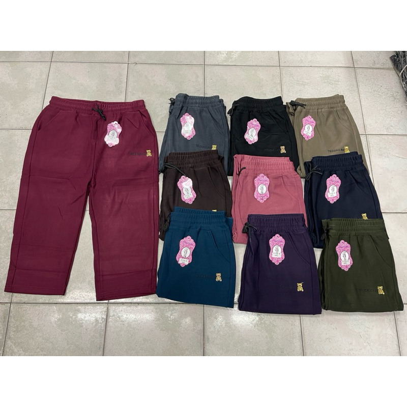 กางเกงผู้ใหญ่ขา5ส่วนผ้ายืด เกาหลี ลายปักหมีเล็กเนื้อผ้ายืดตามตัวใส่สบายเอวมีเชือกผูกใช้งานได้จริงกระเป๋า2ข้าง 777Q-9