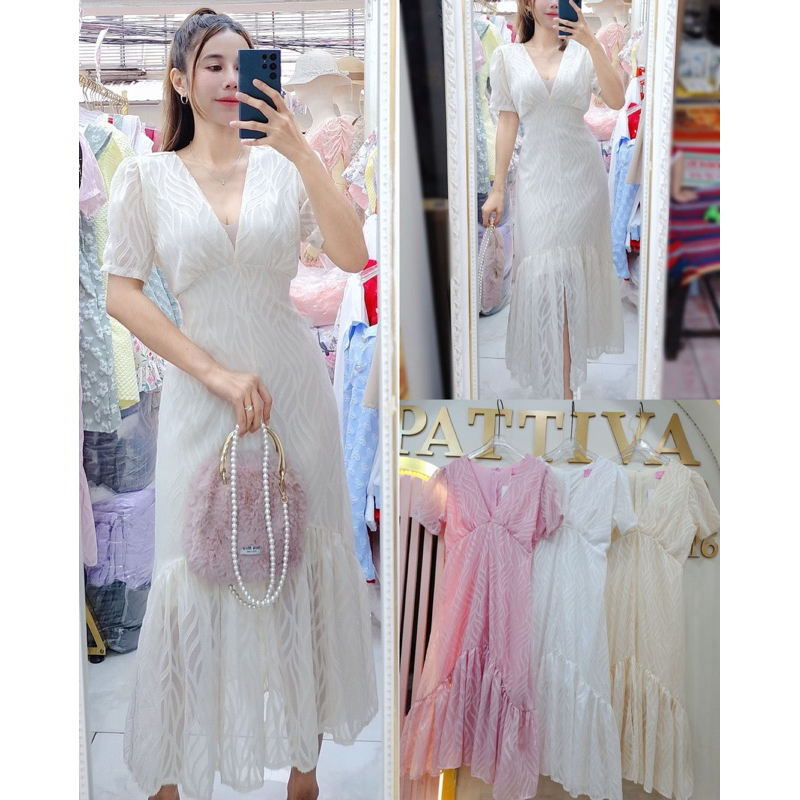 Best Seller เดรสยาวหางปลาสลิมผ้าออแกนดี้ปักลายใบไม้ทรงสวยมากใส่แล้วพรางหุ่นสุดๆ#Maisie Shop