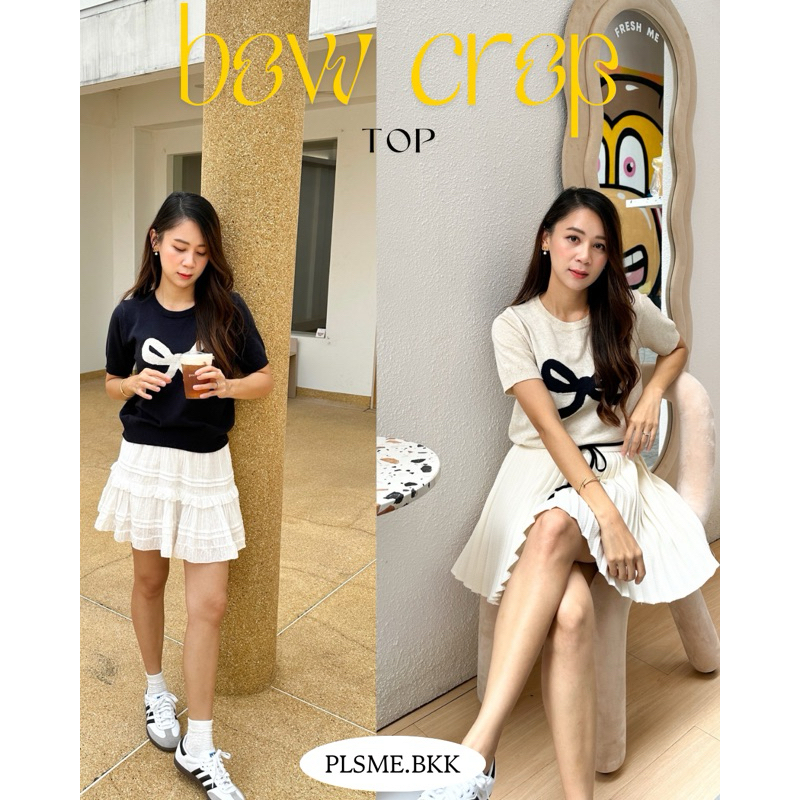 (ซื้อผ่าน Shopee video ลด 30%) Plsme.bkk 〰 “Bow crop top“ เสื้อไหมพรมลายโบว์