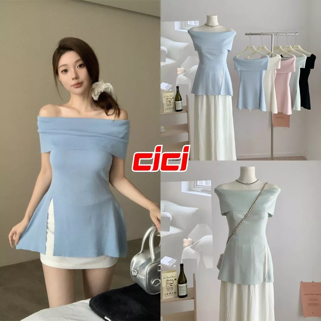 ส่งทันที Cici (NO. 0192) เสื้อปาดไหล่ไหมพรม สีสันสดใจ ยืดได้เยอะ ผ่าข้างเล็กน้อย เข้ารูปสับๆ