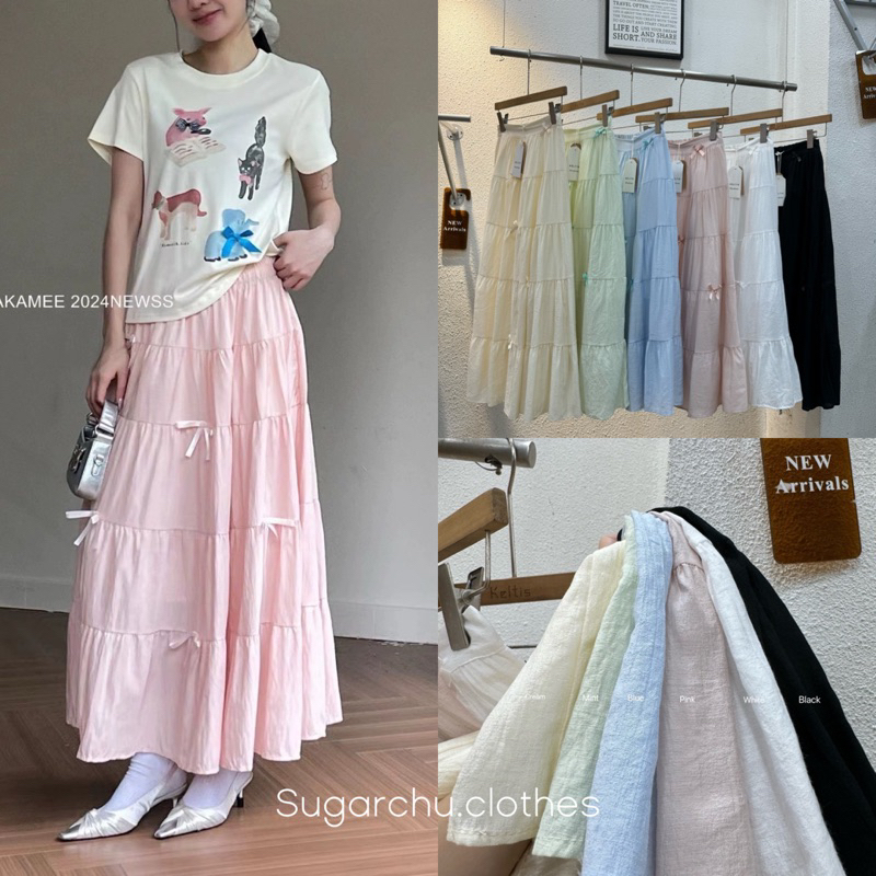 กระโปรงขายาว เอวสม๊อค ดีเทลติดโบว์ทั้งตัว สีพาสเทล -รหัส2369