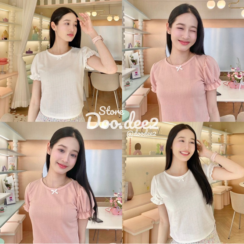 DOODEE2 เสื้อคอกลมแขนตุ๊กตา แต่งโบว์ ผ้ายืดทอลายลูกไม้ ผ้านุ่มๆ