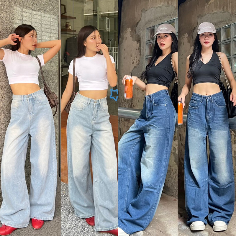 PEVABAGGY DENIM กระบอกใหญ่ ทรงขากว้างทรง baggy พร้อมส่ง2สี