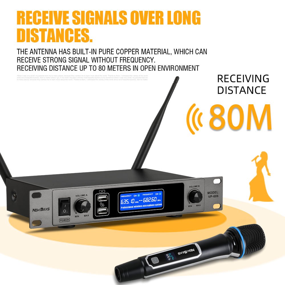 NEW BAXS VP-606 ไมโครโฟนไร้สายระดับมืออาชีพ 2 ตัวพร้อมฟังก์ชั่นตรวจจับ USB ความถี่ที่ปรับได้ ระยะรับ UHF 80